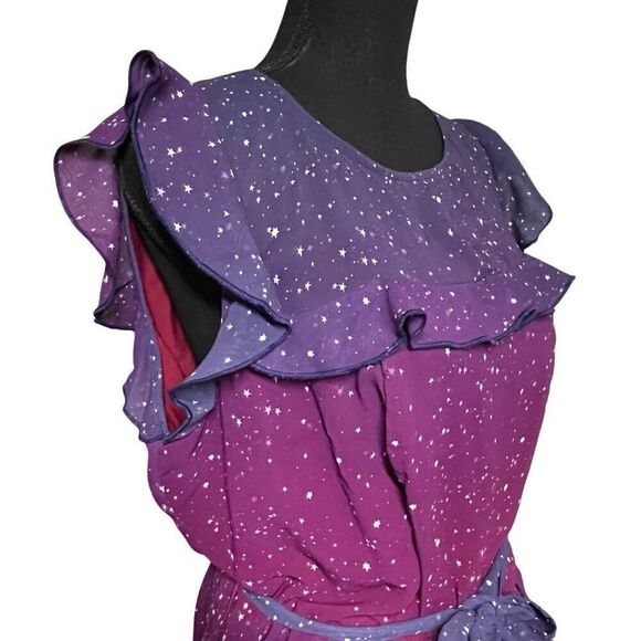 eShakti Purple and Dark Fuchsia Ombré Star Print Georgette Ruffle Midi Dress - Picture 4 of 10